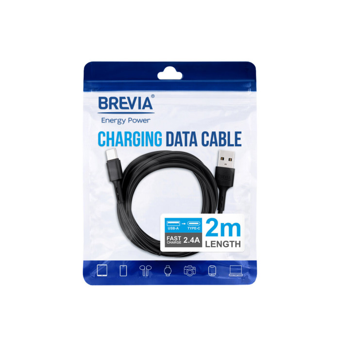 Кабель Brevia USB to Type-C 2,4A 2м, чорний ZIP (51200BUCZ1)