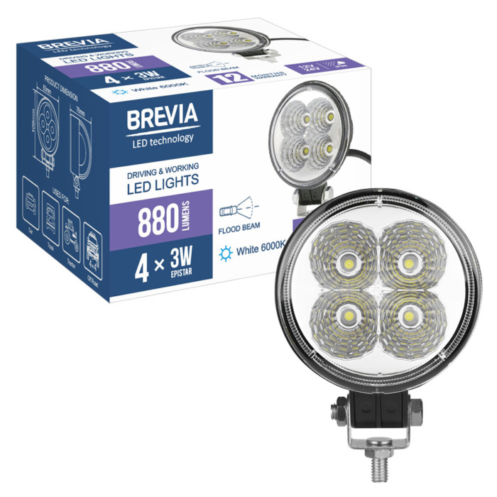Фара світлодіодна Brevia Epistar Flood 10-30V, 12W (4x3W), 880Lm, 1шт