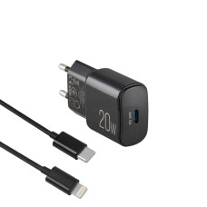 Мережевий зарядний пристрій Brevia ePower PD20W + кабель USB-C to Lightning 1м чорний