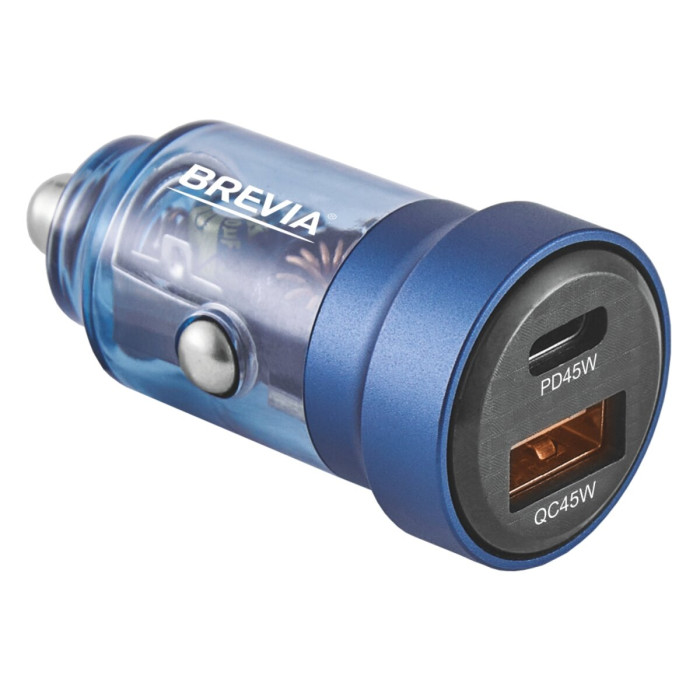 Автомобільний зарядний пристрій Brevia ePower DualCharge 45W 1xUSB-C+1xUSB-A, прозорий синій