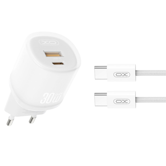 Мережевий зарядний пристрій XO L151 30W 1USB-A+1USB-C + Type-C кабель білий