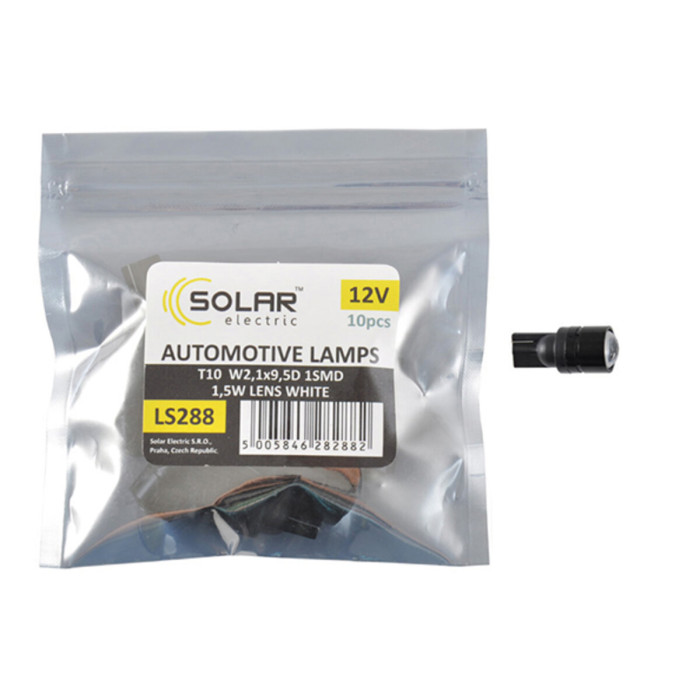 Автолампа Solar LED 12V T10 W2.1x9.5d 1SMD 1,5W with lens 10шт