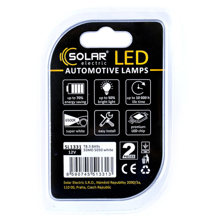 Автолампа Solar LED 12V T8.5 BA9s 5SMD white, 2шт