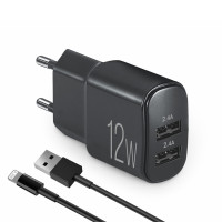 Мережевий зарядний пристрій Brevia ePower 12W 2xUSB-A + кабель USB-A to Lightning 1м чорний