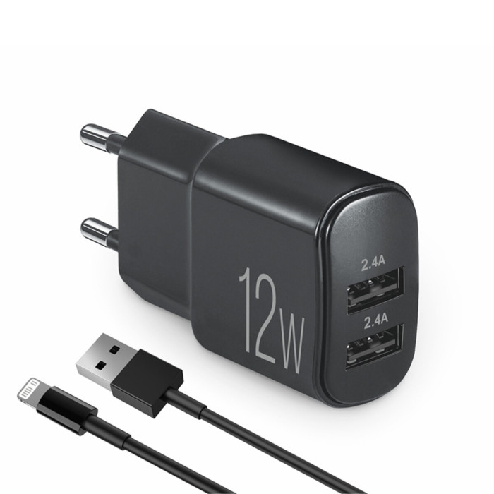 Мережевий зарядний пристрій Brevia ePower 12W 2xUSB-A + кабель USB-A to Lightning 1м чорний