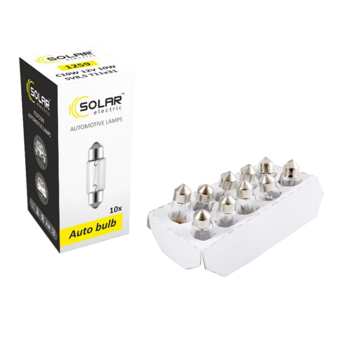 Лампа розжарювання Solar С10W 12V 10W SV8,5 T11x31, 10шт