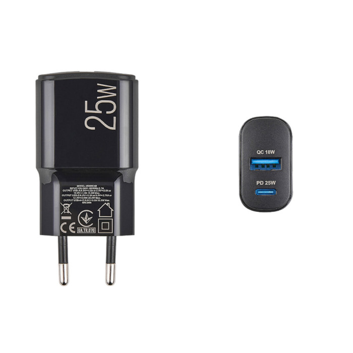 Мережевий зарядний пристрій Brevia ePower PD25W USB-C+USB-A чорний