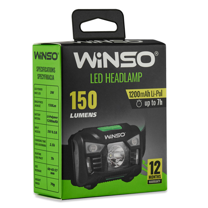 Ліхтар налобний Winso 150Lm, 3W LED, 1200mAh з сенсором білий/червоний