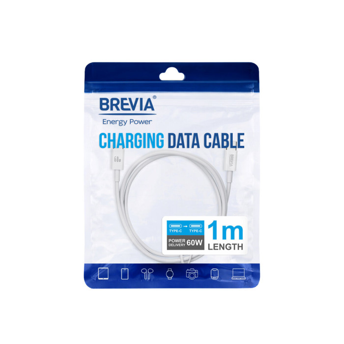 Кабель Brevia Type-C to Type-C 60W 1м, білий ZIP (55100WCCZ1)
