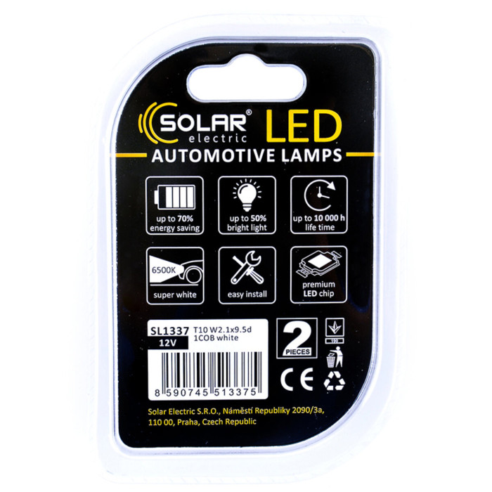 Автолампа Solar LED 12V T10 W2.1x9.5d 1COB white, 2шт SL1337