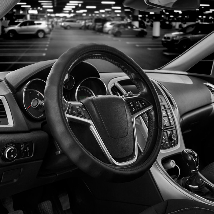 Чохол на кермо Carlife 39-41см, шкіра, чорний, біла гума, один шов SW342L