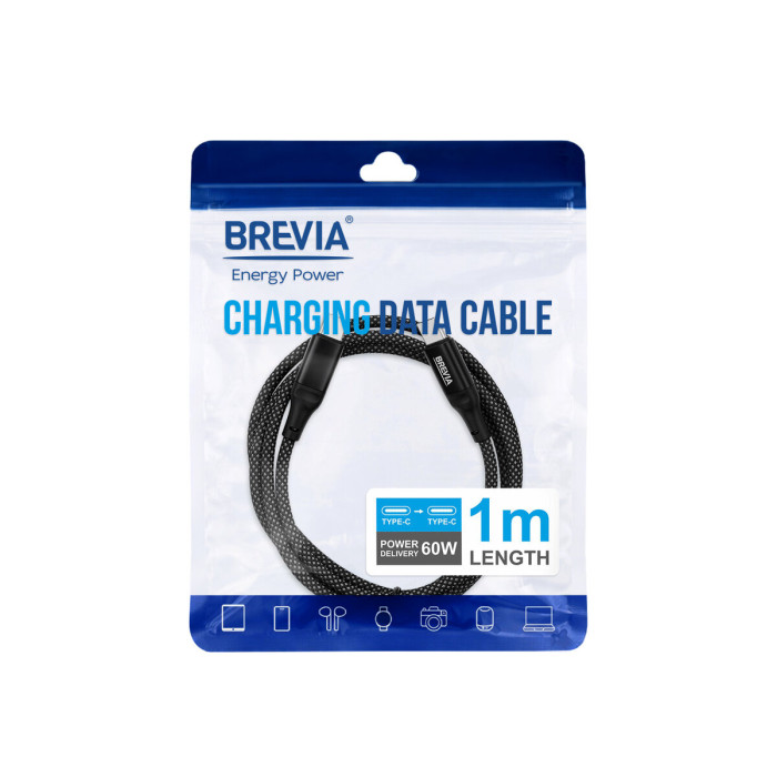 Кабель Brevia Type-C to Type-C 60W 1м, чорний ZIP (56100BCCZ1)