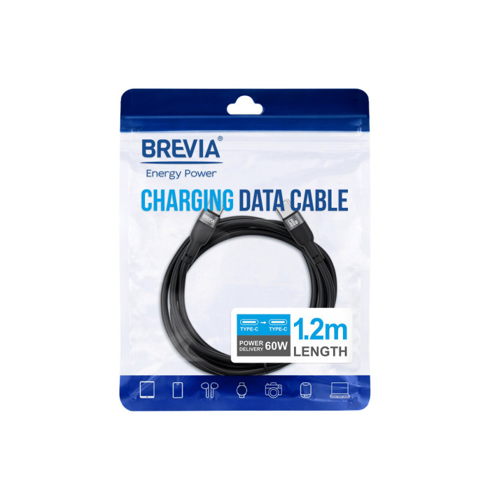 Кабель Brevia Type-C to Type-C 60W 1,2м, чорний ZIP (52120BCCZ1)