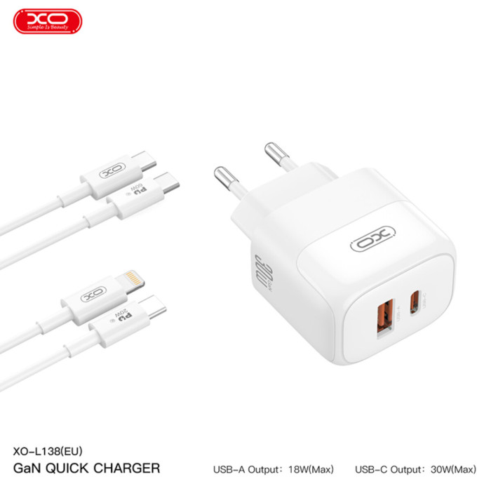 Мережевий зарядний пристрій XO L138 PD30W/QC18W 1USB-A+1USB-C + Lightning кабель білий