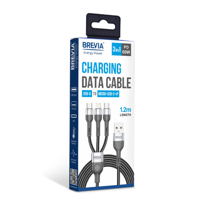 Кабель Brevia 3in1 USB to Lightning+Micro+Type-C 3A 1,2м, чорний (59120BULMCC1)
