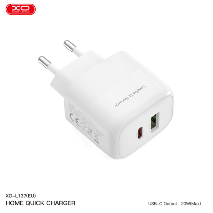 Мережевий зарядний пристрій XO L137 PD20W/QC18W 1USB-A+1USB-C + Type-c кабель білий