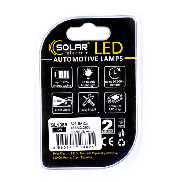 Автолампа Solar LED 12V S25 BA15s 48SMD white, 2шт