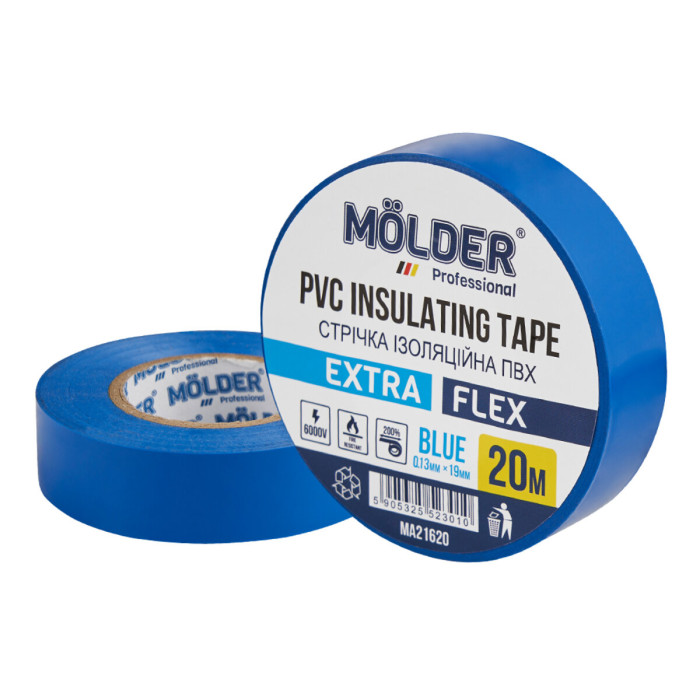 Стрічка ізоляційна ПВХ Molder 0,13x19мм 20м синя, професійна, вогнетривка