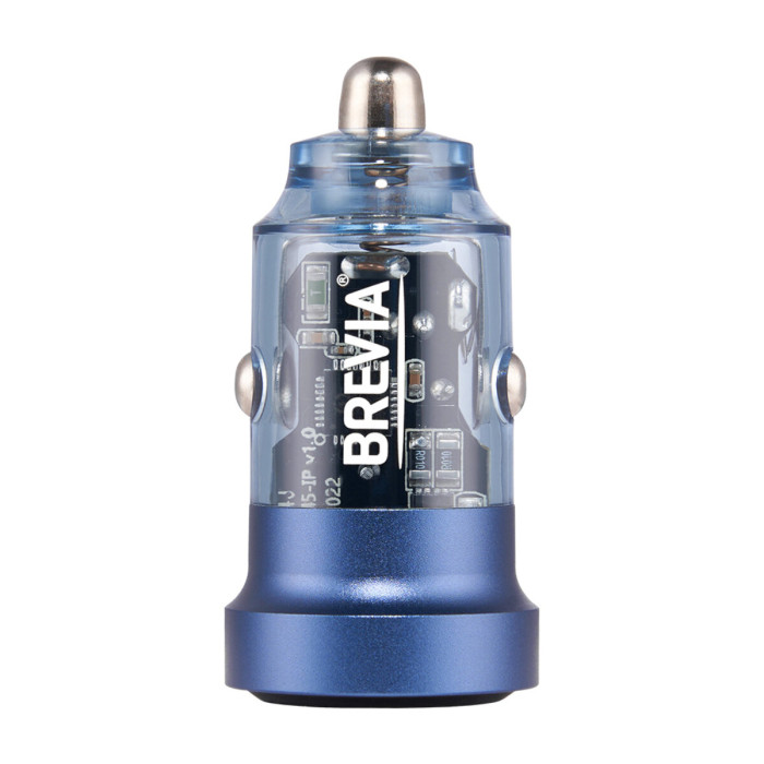 Автомобільний зарядний пристрій Brevia ePower DualCharge 45W 1xUSB-C+1xUSB-A, прозорий синій