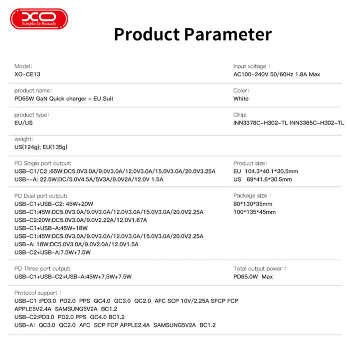 Мережевий зарядний пристрій XO CE13 GaN 65W Fбілий