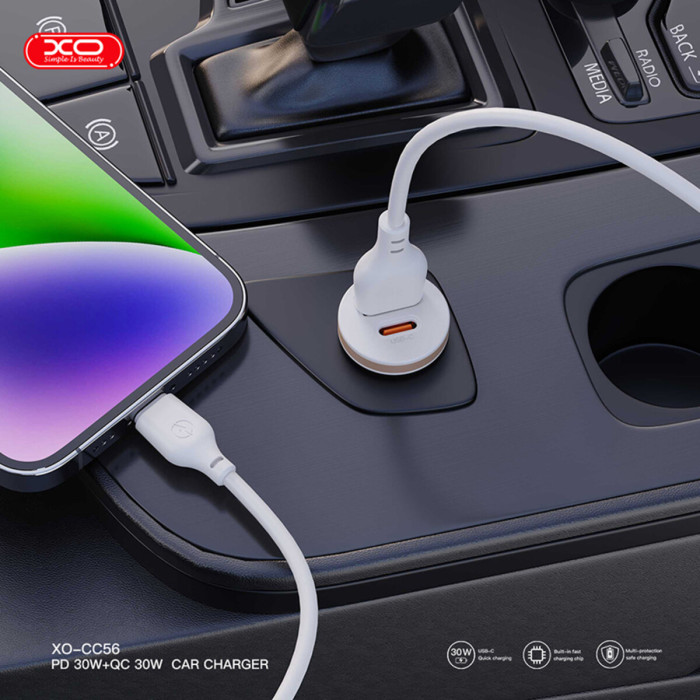Автомобільний зарядний пристрій XO CC56 Plastic mini 30W+ Lightning кабель білий