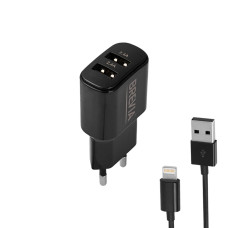 Мережевий зарядний пристрій Brevia ePower 12W 2xUSB-A + кабель USB-A to Lightning 1м чорний