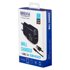 Мережевий зарядний пристрій Brevia ePower 12W 2xUSB-A + кабель USB-A to Lightning 1м чорний