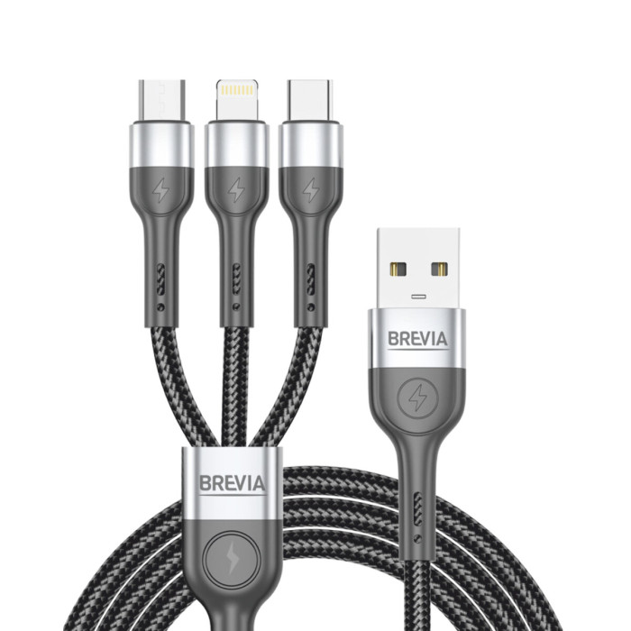 Кабель Brevia 3in1 USB to Lightning+Micro+Type-C 3A 1,2м, чорний (59120BULMCC1)