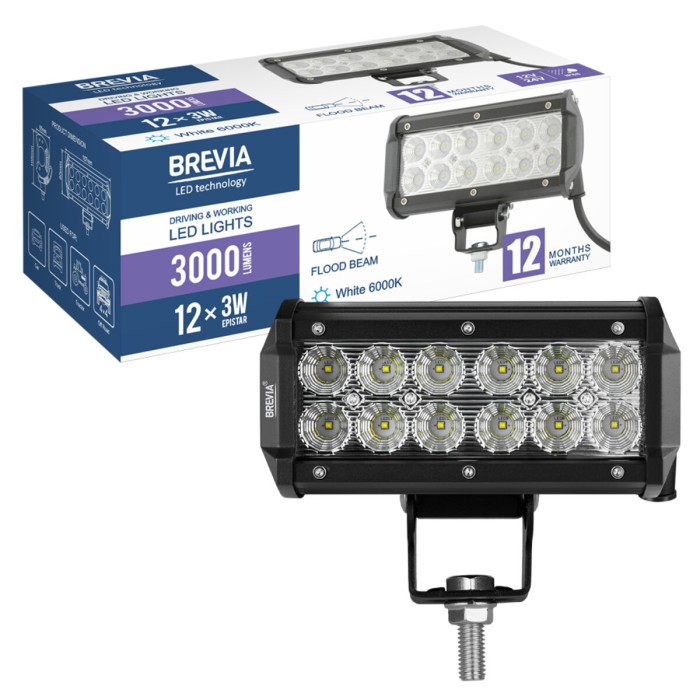 Фара світлодіодна Brevia Cree Flood 10-30V, 36W (12x3W), 3000Lm, 1шт