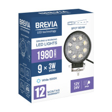 Фара світлодіодна Brevia Epistar Spot 10-30V, 27W (9x3W), 1980Lm, 1шт