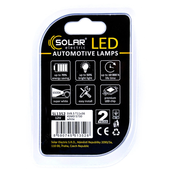 Автолампа Solar LED 12V SV8.5 T11x36 4SMD white, 2шт