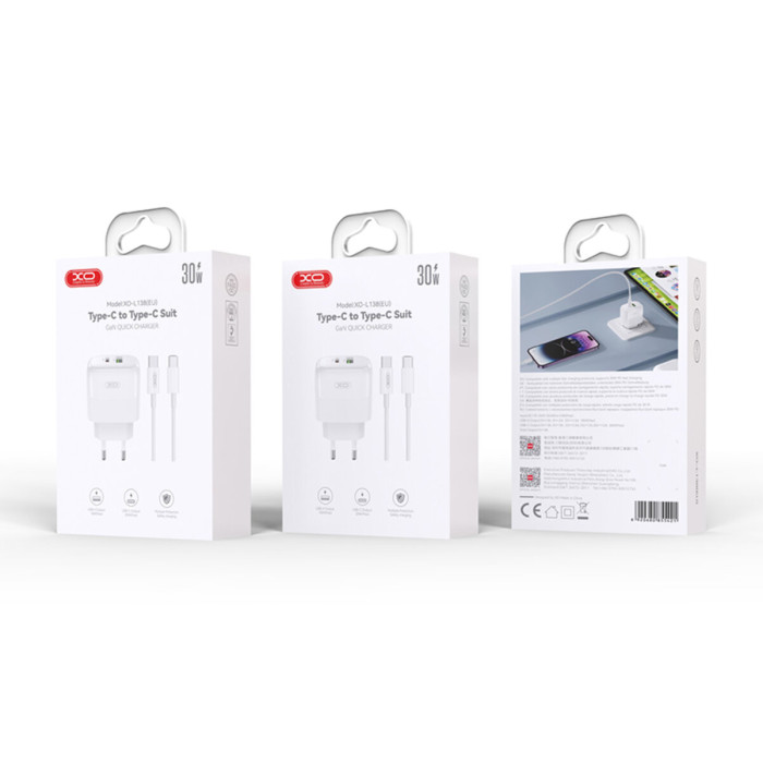 Мережевий зарядний пристрій XO L138 PD30W/QC18W 1USB-A+1USB-C + Lightning кабель білий