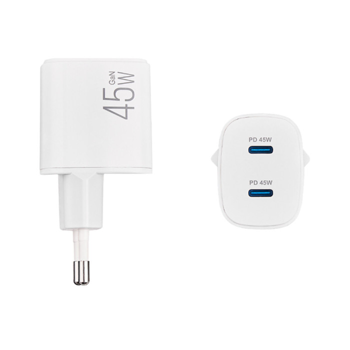 Мережевий зарядний пристрій Brevia ePowerGaN PD45W 2xUSB-C білий