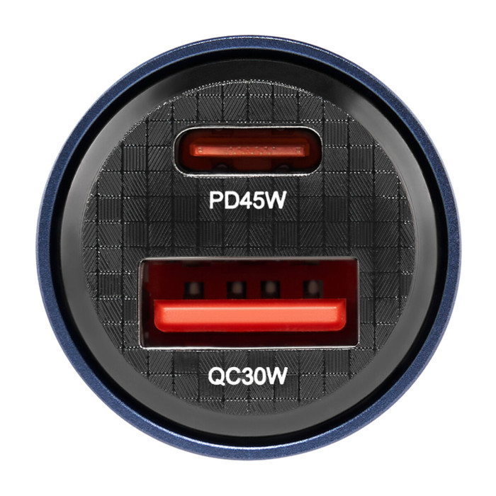 Автомобільний зарядний пристрій Brevia ePower DualCharge 75W 1xUSB-C+1xUSB-A, прозорий синій