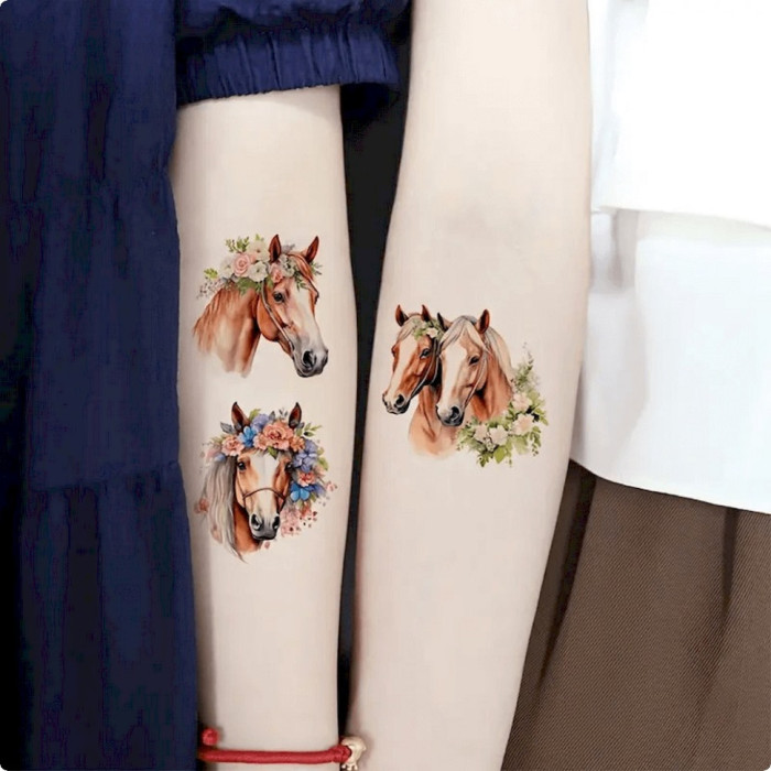 Набір тимчасових татуювань "Коні" Horses-20-01 розмір 6х6 см Fresh Tattoo