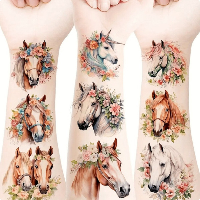 Набір тимчасових татуювань "Коні" Horses-20-01 розмір 6х6 см Fresh Tattoo