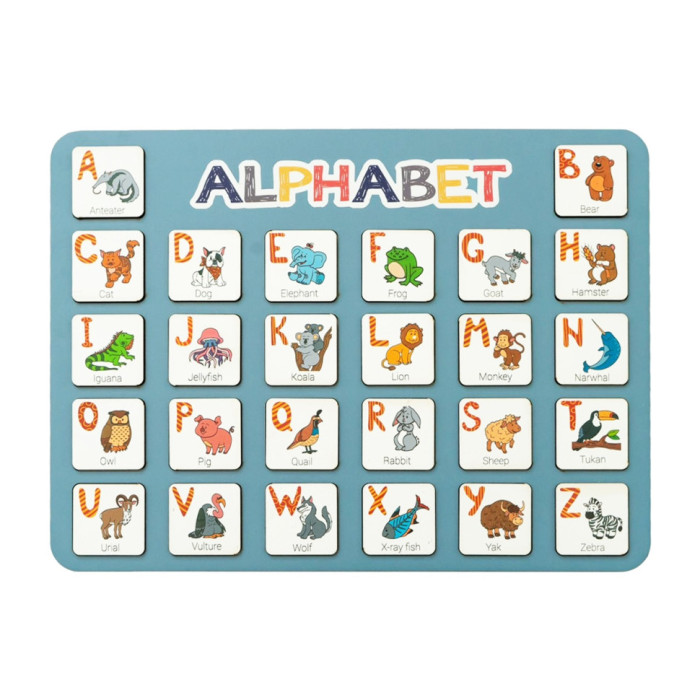 Дерев'яна абетка-вкладиш англійська "ALPHABET" 3240-03-002 синя 29х39 см VLADICO