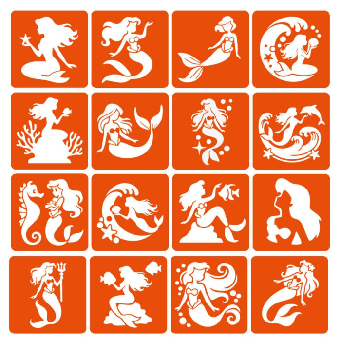 Набір трафаретів для біо-тату "Русалки" mermaids-6x6-16, 16 трафаретів Fresh Tattoo