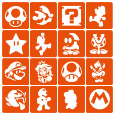 Набір трафаретів для біо-тату "Super Mario" (super-mario-simple-16) 16 шт, 6х6 см Fresh Tattoo