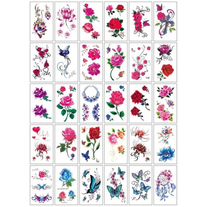 Набір тимчасових тату "Кольорові міні №3" color-tattoo-mini-set-3-30-E30, 30 штук, розмір 9,5 х 9,5 см Fresh Tattoo