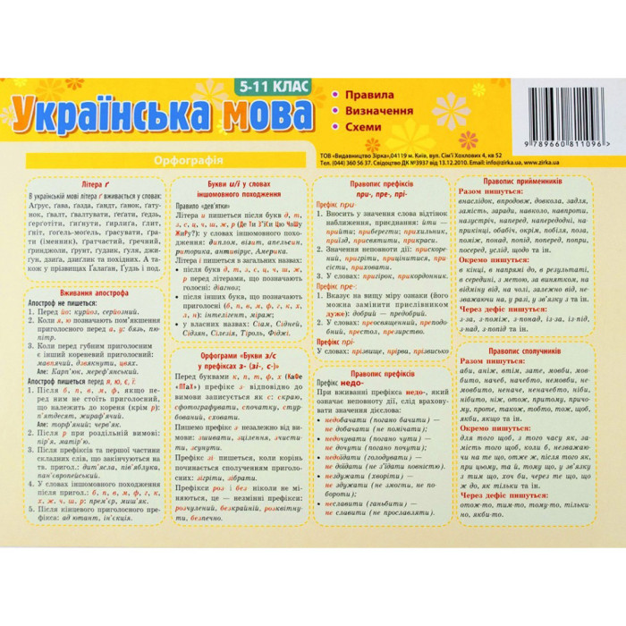 Картонка-підказка Укр. Мова. Правила 5-11 клас 66443 ЗІРКА