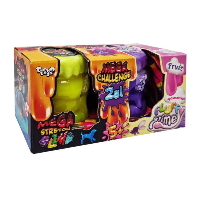 В'язка маса "2 в 1 "Mega Stretch Slime"та "Fluffy Slime" FLS-03-01U укр Жовто-фіолетовий Danko Toys