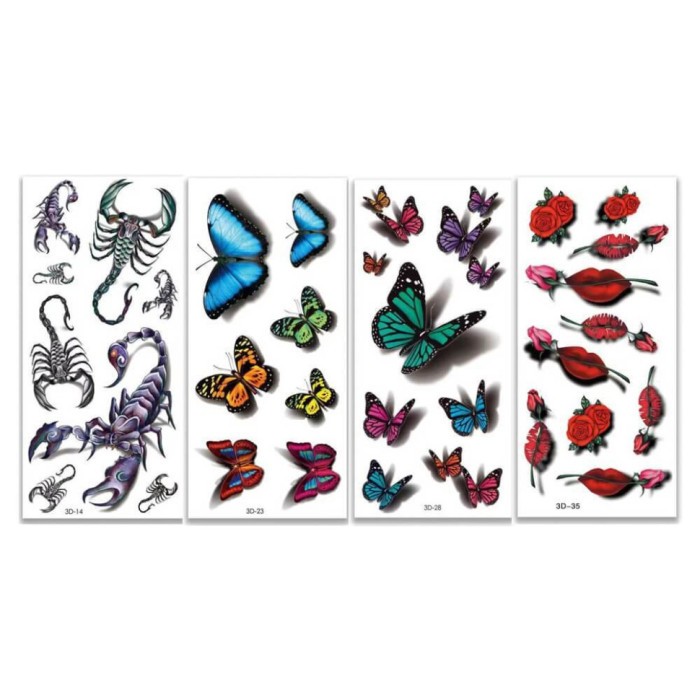 Набір тимчасових тату "3D №2" 3d-set-02, 19 х 9 см 4 шт Fresh Tattoo